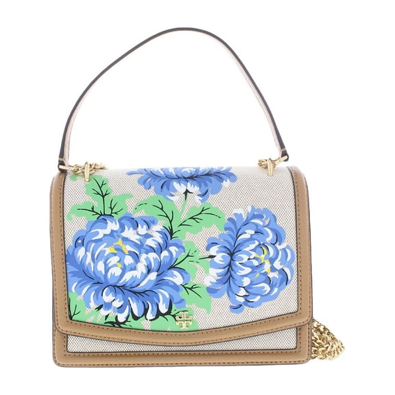Tory Burch Womens Emerson Ditsy Floral Leather Crossbody Handbag Tan Small