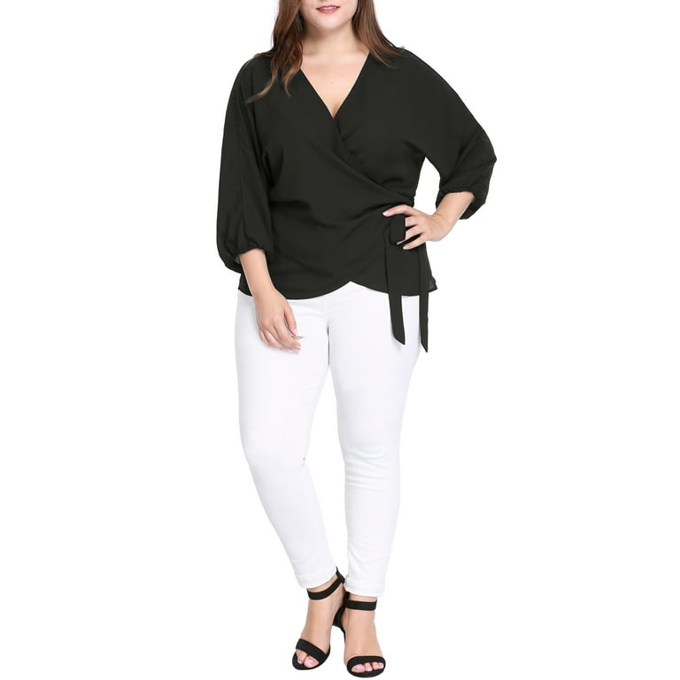 Unique Bargains Women's Plus Size V Neck Batwing Sleeve Tie Wrap