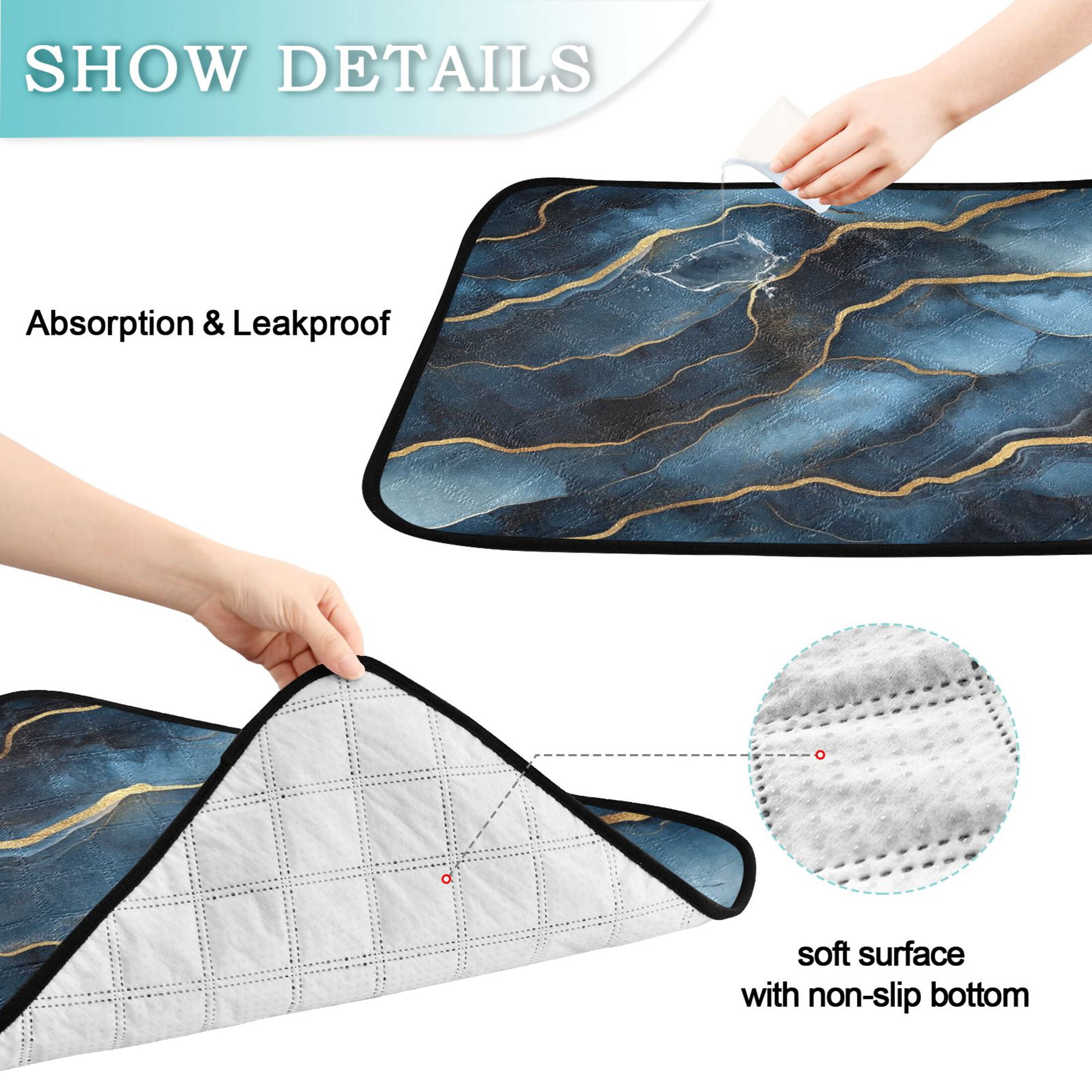 Qxltty Gilt Dark Blue Marble Cat litter Pads Pet Set of 2 Diaper Mats Center Anti-leakage Layer Absorbent Soft and Comfortable