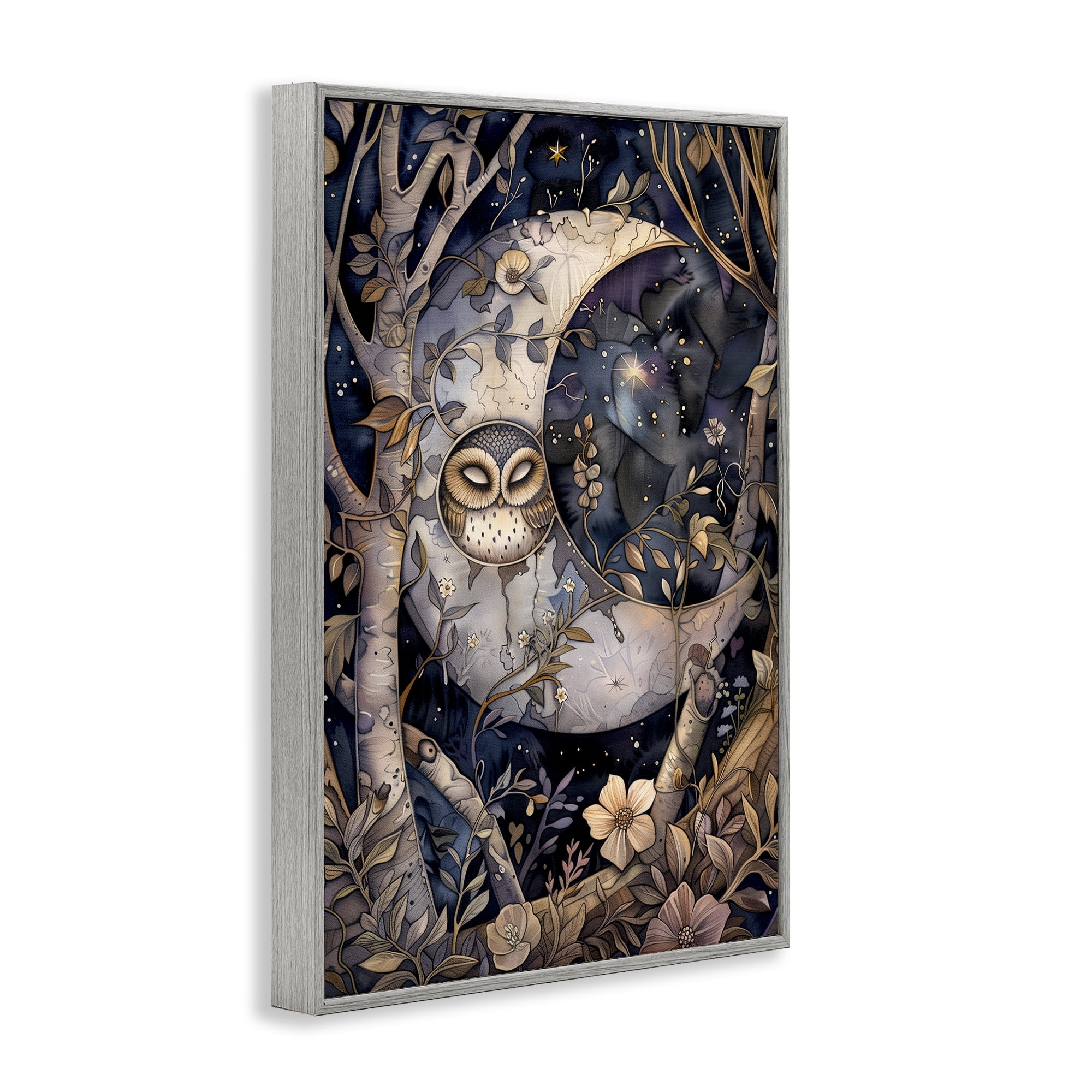 Stupell Industries Moon Owl Sleeping Animals & Insects Painting Gray Framed Art Print Wall Art, 16 x 24