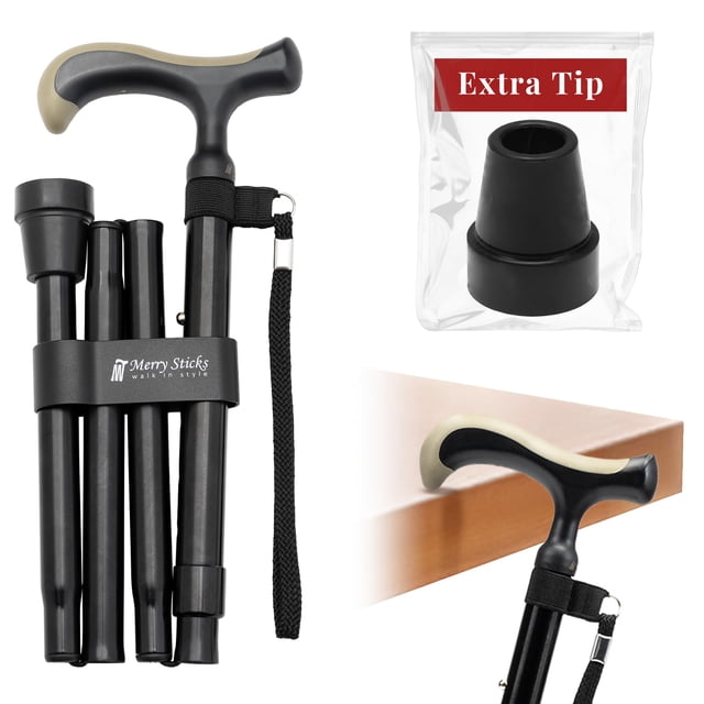 Bastones plegables y ligeros Merry Sticks para mujeres y hombres, ajustables y plegables para personas mayores, con mango ergonómico antideslizante y una punta de repuesto adicional, color negro azaba