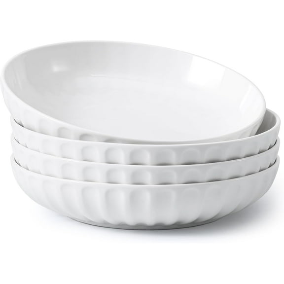 Pasta Bowls, 10" Large Salad Serving Bowls 51 OZ White Ceramic Soup Bowls Set of 4 Wide and Shallow Plate Bowl Serving Dish for Soup, Pasta, Noodle, Dinner, Microwave & Dishwasher Safe