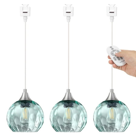 Kiven J-Type track lighting pendants Dimmable,Modern J track pendant lights with Green Glass Globe,Decorative Track Lighting Fixture for Kitchen Hallway Restaurant Shop(3-Light)