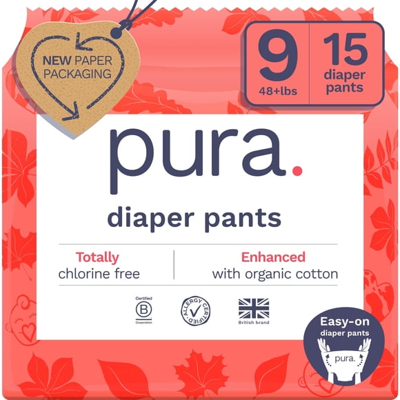 Pantalones de pañales Pura hipoalergénicos talla 9 (más de 22 kg), paquete de 15