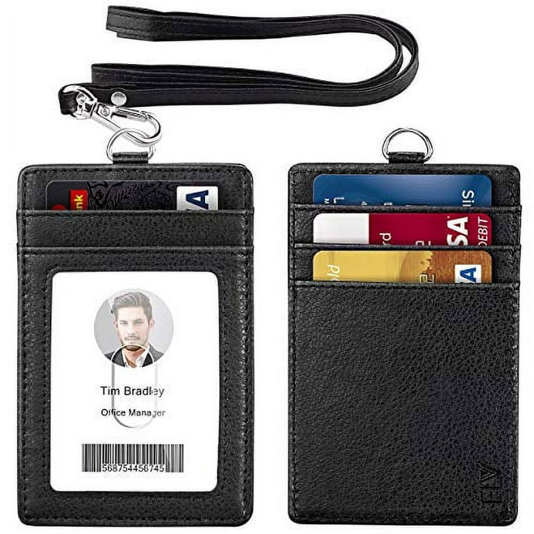 ELV Badge Holder, PU Leather ID Badge Card Holder Wallet with 5 Card Slots  and 20 inch Neck Lanyard Strap for Offices ID, School ID, Driver Licence 