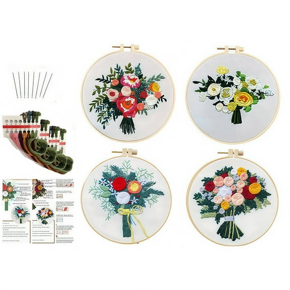 Stamped Cross Pattern Embroidery Kits with Embroidery Hoop & Instructions, 4 Pieces