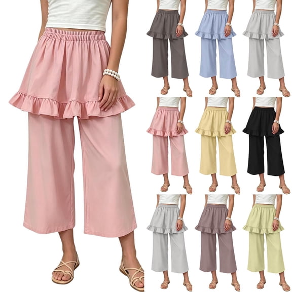 Tranfacy Girls 1-14 Years Fall Pants Solid Elastic Waist Straight Leg Casual Wide Leg Trousers