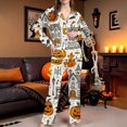 thumbnail image 4 of White Womens Halloween Pajamas Satin Long Sleeve Button Top Matching Pants 2026 Fall Cute Satin Ghost Pumpkin Print Sleepwear 2XL, 4 of 5