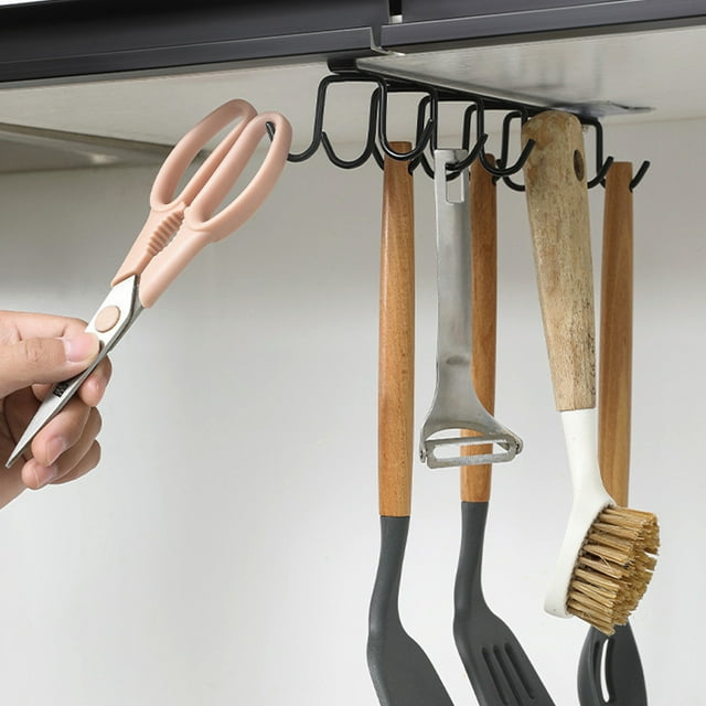 Under Shelf Mug Rack with 12 Hooks, Heavy Duty Wall Mounted Storage Rack for Cabinet Organization, Space Saving Kitchen Organizer for Mugs Pots Pans Spoons Spatulas, Black
