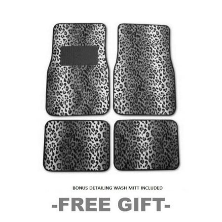 A Set of 4 Universal Fit Animal Print Carpet Floor Mats for Cars / Truck - Snow Leopard & Bonus Detailing WASH MITT