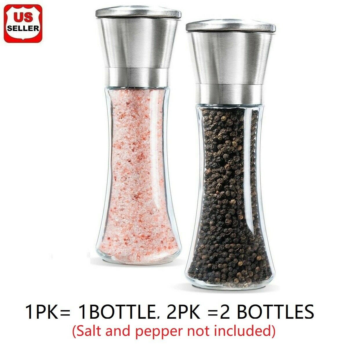 Brushed Stainless Steel Glass Body Shakers Wuyue Hua Premium Salt and Pepper Grinder Set with Adjustable Ceramic Coarseness Salt and Pepper Mills with Holder