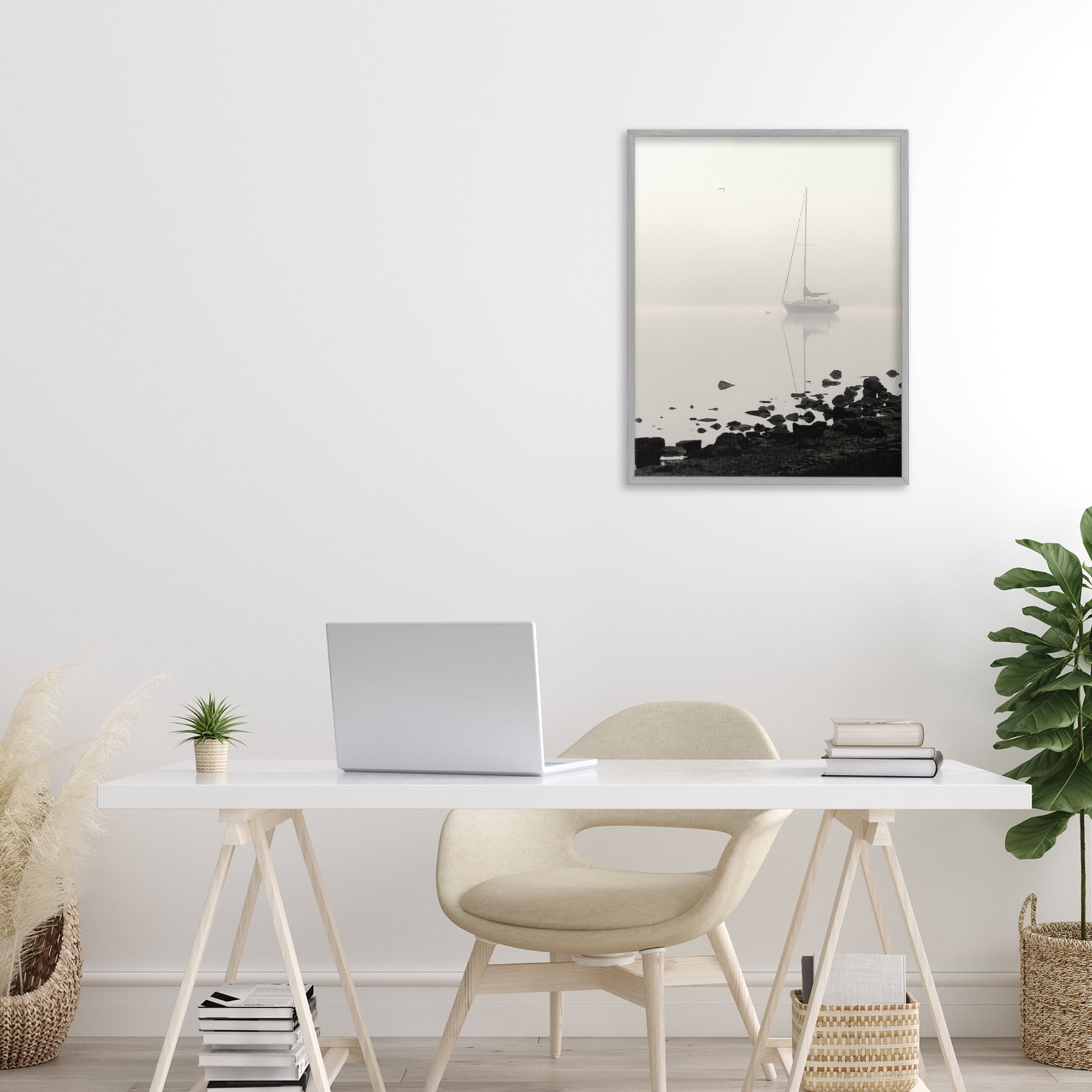 Stupell Industries Moored In Fog Gray Framed Giclee Art, design by Nicholas Bell