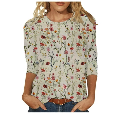 MIUOWANP Women 3/4Sleeves Casual Shirts Pullover Loose Tunic Tops Print Blouse 2024 Hot Sale Blouses&Shirts Clearance Deals Multicolor S
