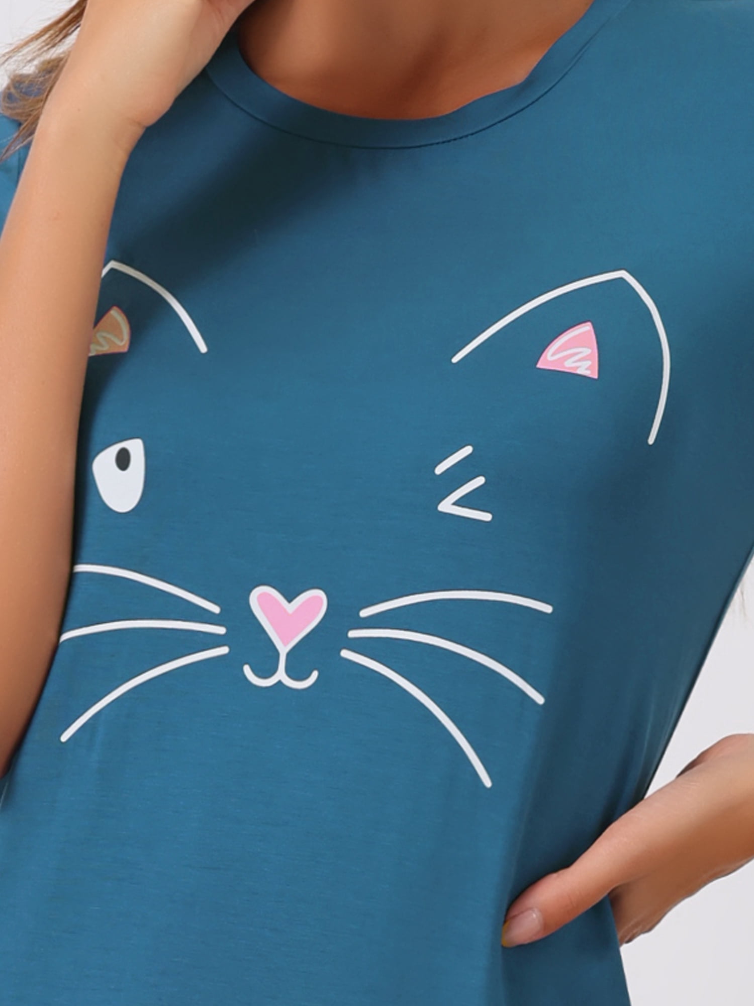 DARING DIVA Women's Cats Cute Printed Short Sleeve Nightgowns XS Peacoke Blue