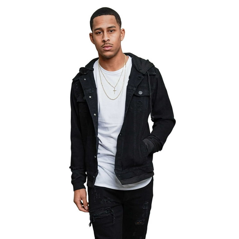 Black denim jacket online with grey hoodie