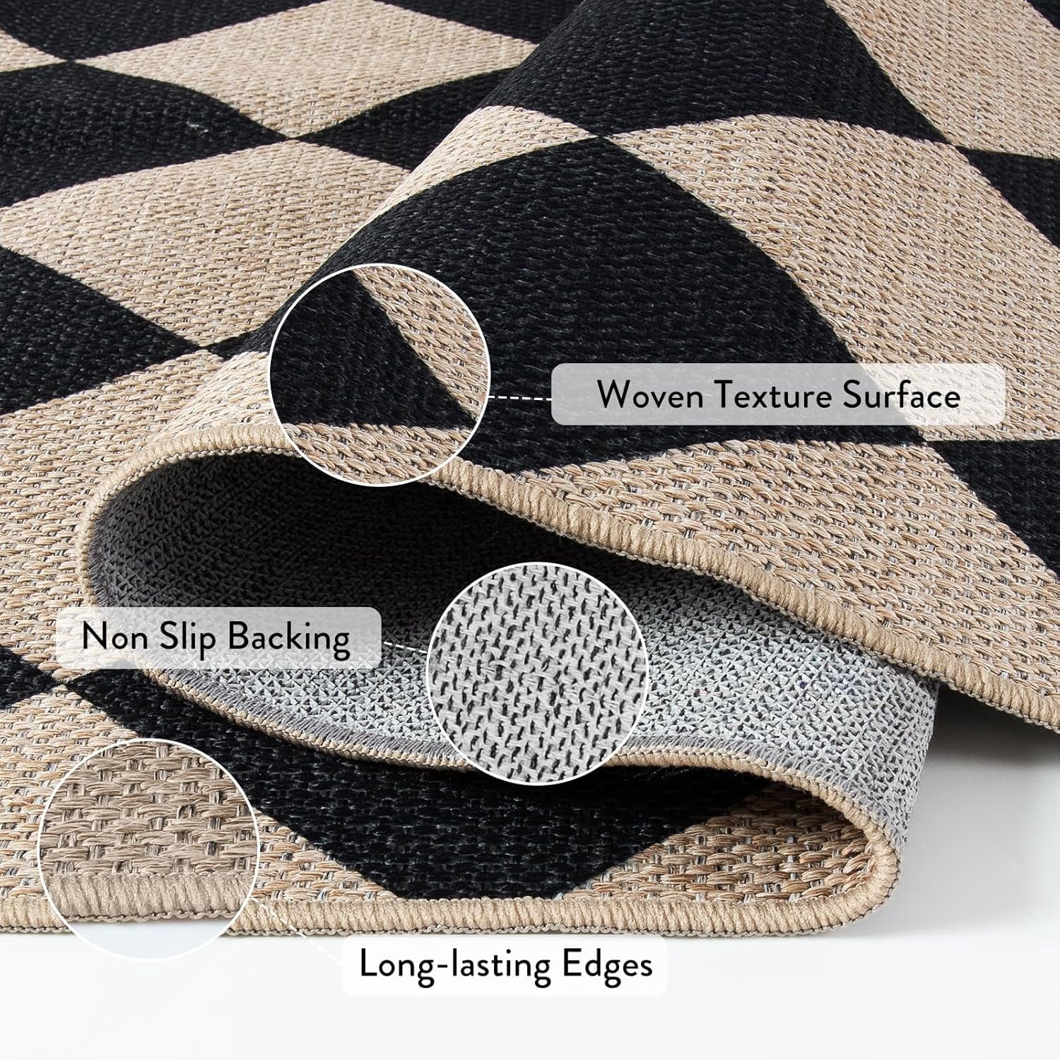 Lahome 3'x5' Checkered Easy Jute Area Rug,Outdoor Patio Rug Washable Rugs for Entryway Checkerboard Indoor Outdoor Living Room Classroom Rugs,Farmhouse Neutral Non Slip Black Carpet for Bedroom