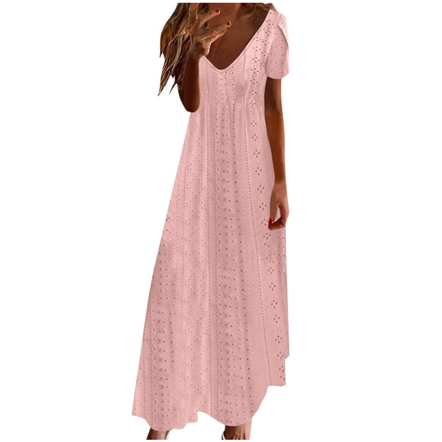 Cinvoph Womens Boho Dresses Short Ruffle Sleeve V-Neck Eyelet Mesh Dresses Casual Flowy Swing Vocation Beach Prasant Dress with Pockets