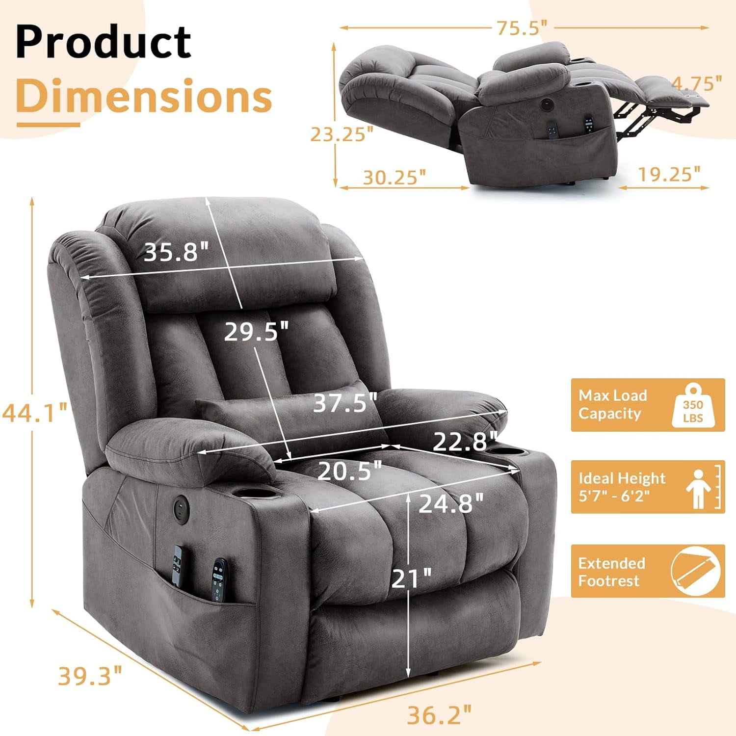 Oversized Dual Motor Power Lift Recliner for Elderly, Extended Footrest, Large Infinite Position Lay Flat Chair for Living Room with Massage & Heat, Lumbar Pillow, USB & Type-C Ports, Gray