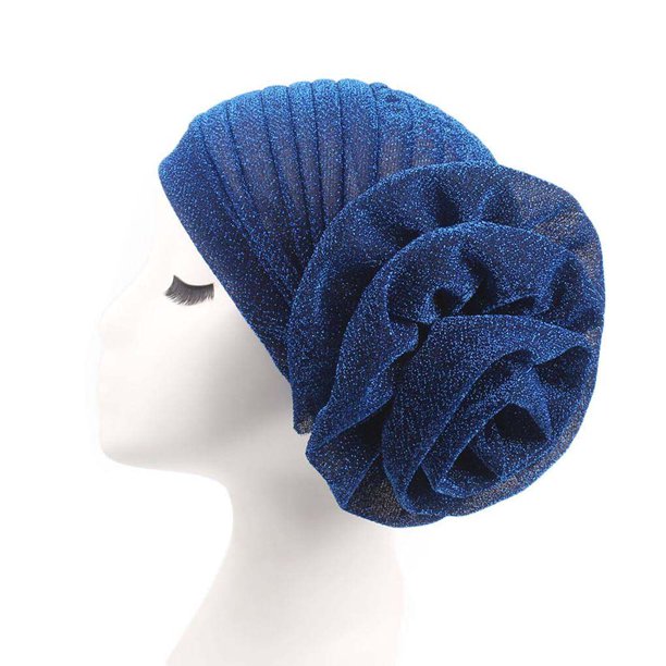 Jumpingount Gorro indio turbante musulmán para mujer, gorro tejido con flor grande de seda brillante, accesorios para envolver la cabeza Sombreros azul real Jumpingount PS16133-05