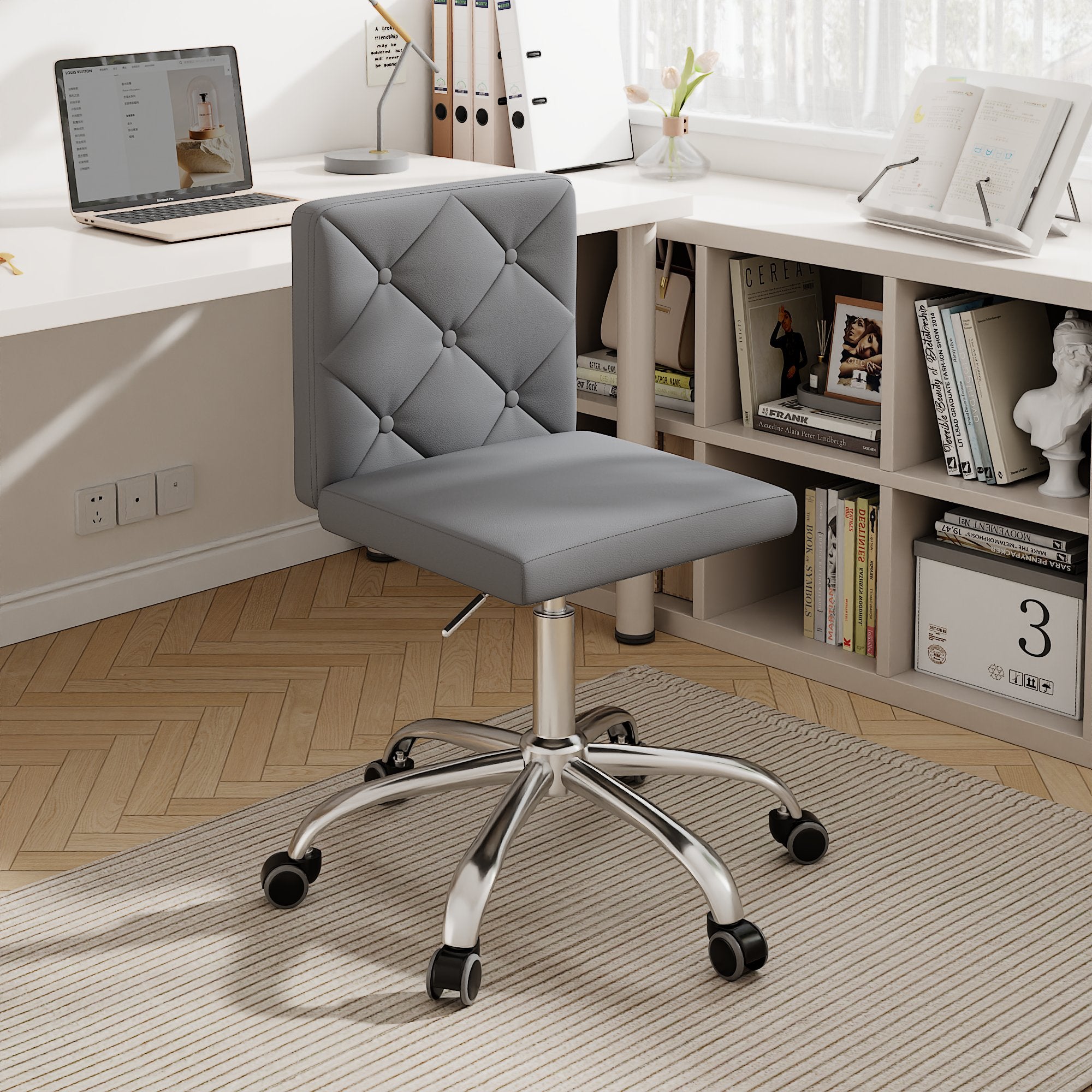 VECELO PU Leather Armless Office Chair with Wide Seat, Adjustable Height Mid-Back Task Chair, 360° Rolling Swivel Vanity Chair for Home Office,Grey