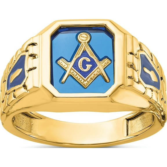 10K Yellow Gold Ibgoodman Men's Polished And Textured With Blue Enamel Lab Created Sapphire Lodge Master Masonic Ringsize 10 - Jbsp