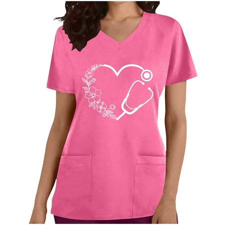 

HAPIMO Nurse Working Uniform for Women Round Neck Pullover Valentine s Day Tunic T-Shirts Short Sleeve Tees Sweet Heart Print Tops Scrub Pocket Blouses Pink M Sales
