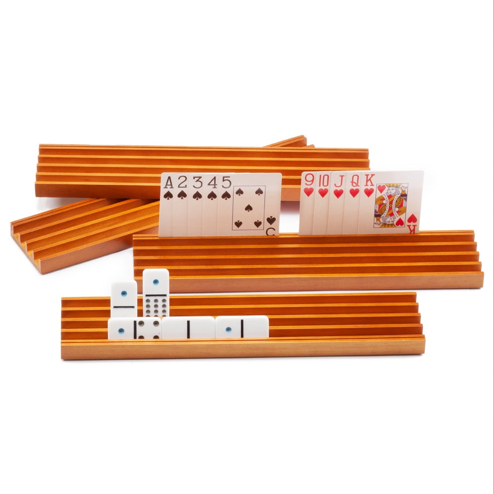 GSE Games & Sports Expert Set of 4 Wooden Domino & Playing Card Racks Trays Holders, Organizer for Mexican Train/Chicken Foot Dominoes Games and Card Games