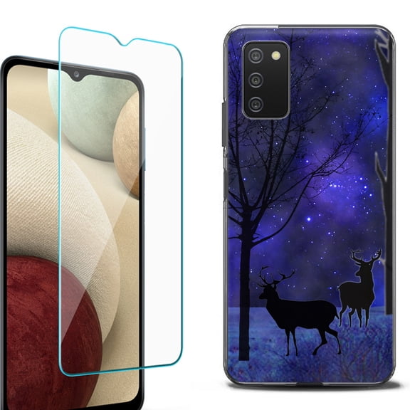 Slim-Fit Protective Fashion Phone Case (Black) for Samsung Galaxy A03s, with Tempered Glass Screen Protector, by OneToughShield ® - Midnight Forest