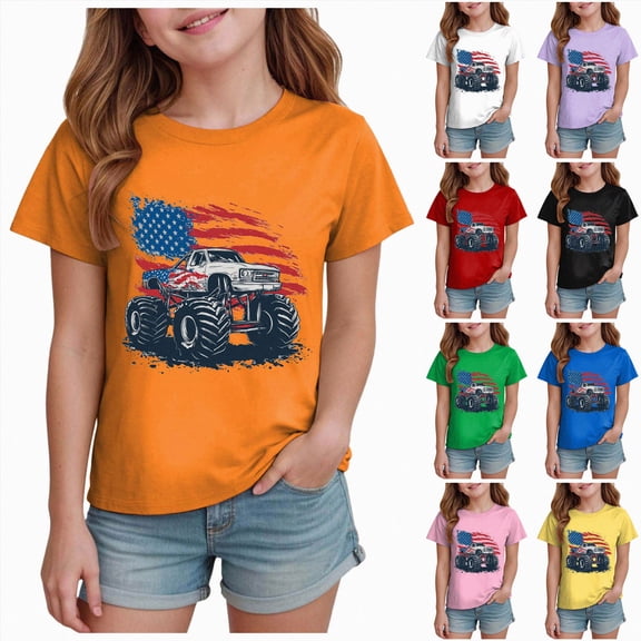 felwors Boys Girls 4th of July T-Shirt Kids American Tee Monster Trucks Tractor Independence Day Patriotic Tops Short Sleeve 2-14 Years (5-6 Years,Purple)