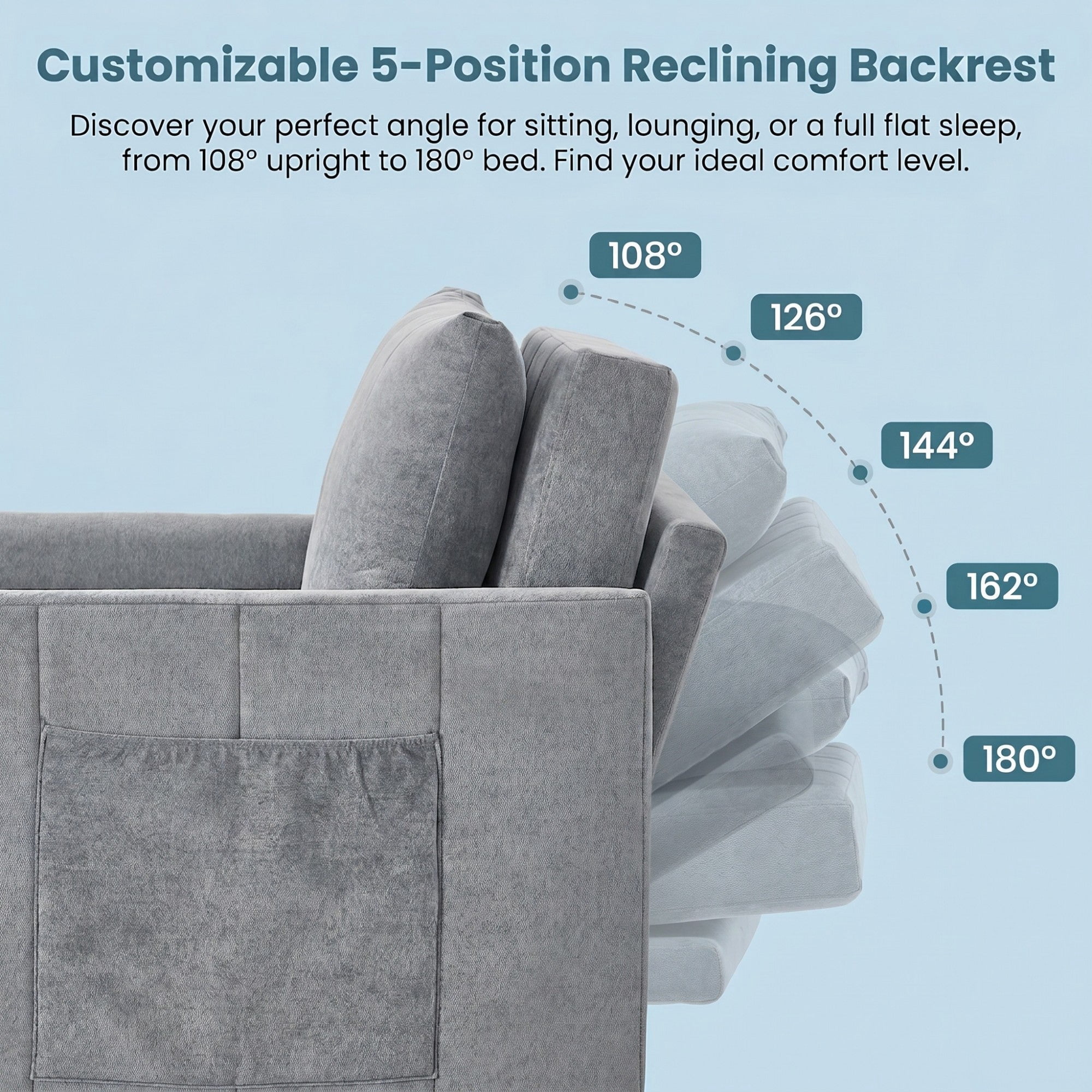 Sailvan 31.5" Convertible Pull Out Sofa Bed, Adjustable Chenille Sleeper Chair with Storage Grey