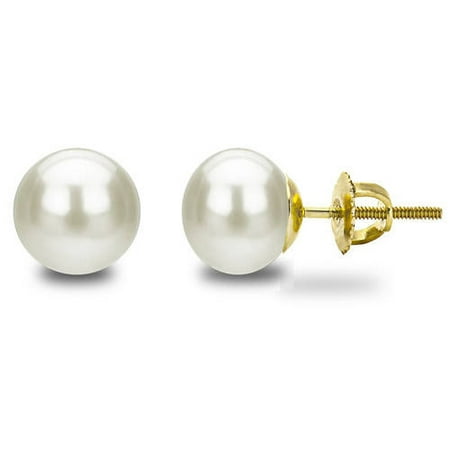 14kt 7-8mm Button Shape White Freshwater Pearl Screw-Back Stud Earrings
