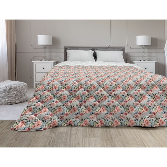 Spring Down Alternative Comforter, Bouquet of Flowers Orderly Repeated Pattern of Art Print, Microfiber Quilt for All Season, 5 Sizes, Pale Pink Pale Purple, by Ambesonne