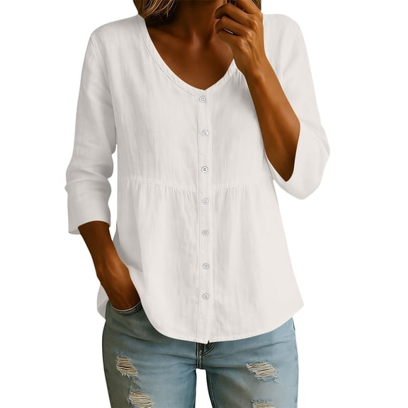Cotton Linen Tops for Women,3/4 Sleeve Tops for Women Summer V-Neck Button Down Cotton Linen Shirts Solid Color Loose Dressy Casual Blouses