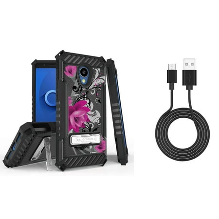 Bemz Accessory Bundle for Alcatel TCL LX - Tri-Shield Military Grade Kickstand Case (Lotus Vine) with Durable Micro USB Data Sync Cable (3 feet) and Atom Cloth for Alcatel TCL LX