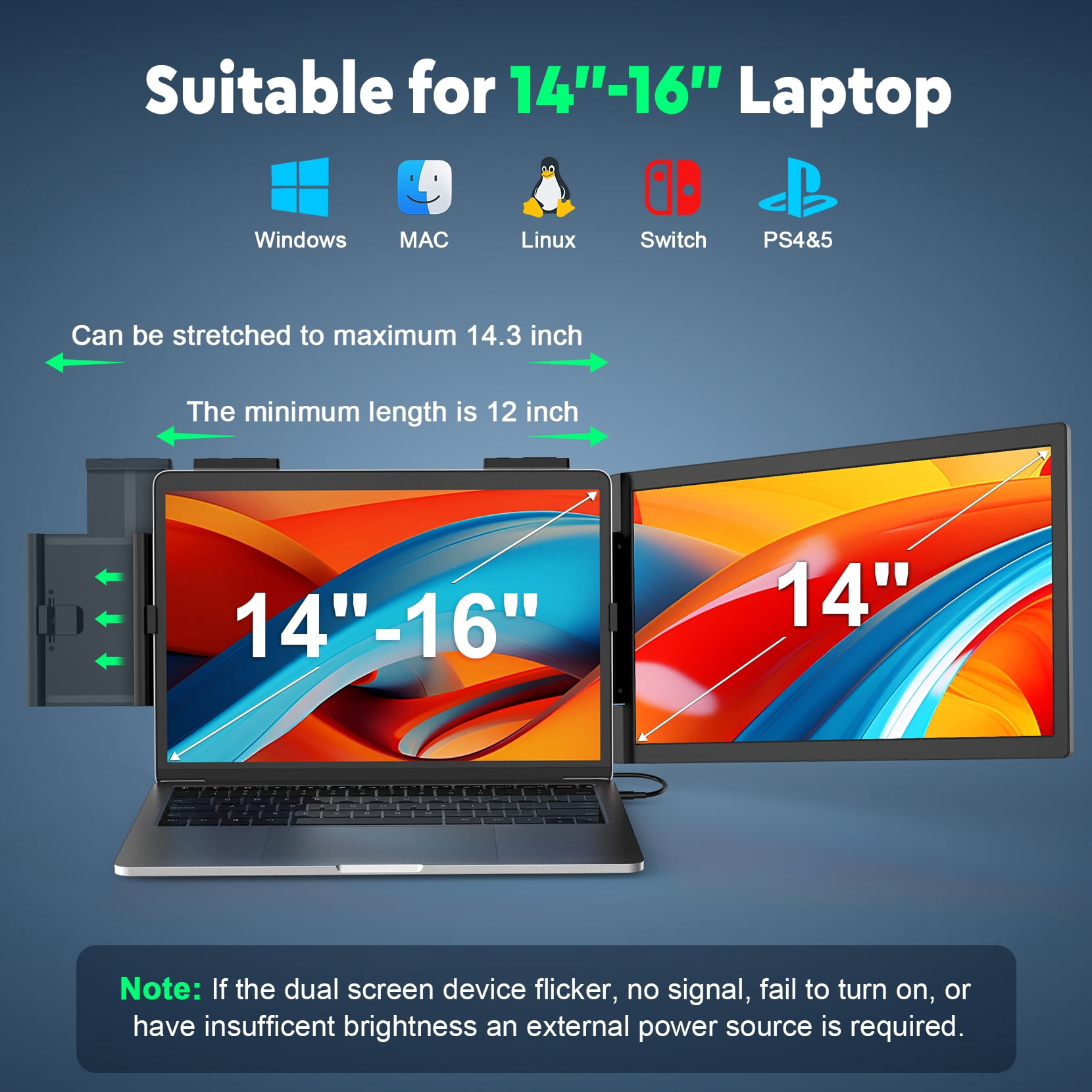 KEEPTIME 14" FHD 1080P IPS Laptop Screen Extender, Portable Monitor for 14-17" Notebooks, Dual Display with USB-C HDMI, Plug and Play for Windows Mac Android Switch PS5