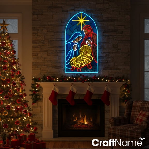 Craftnamesign Merry Christmas Neon Sign, LED Neon Nativity Scene Sign, Holiday Home Wall Decor, LED Neon Wall Art For Christian