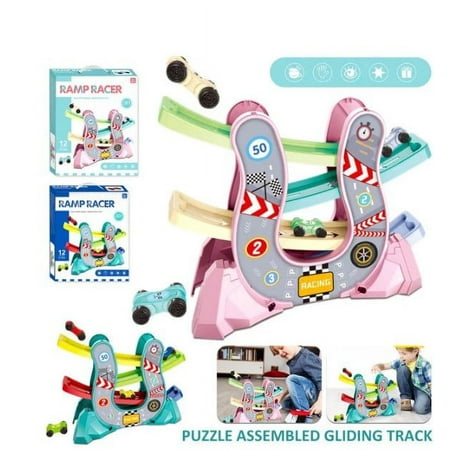 CHUANK Car Ramp Toys for Toddlers 1 2 3 Year Old Boy Race Track Car Toy for Toddler Age 2-4 Boy with 4 Car (Pink)