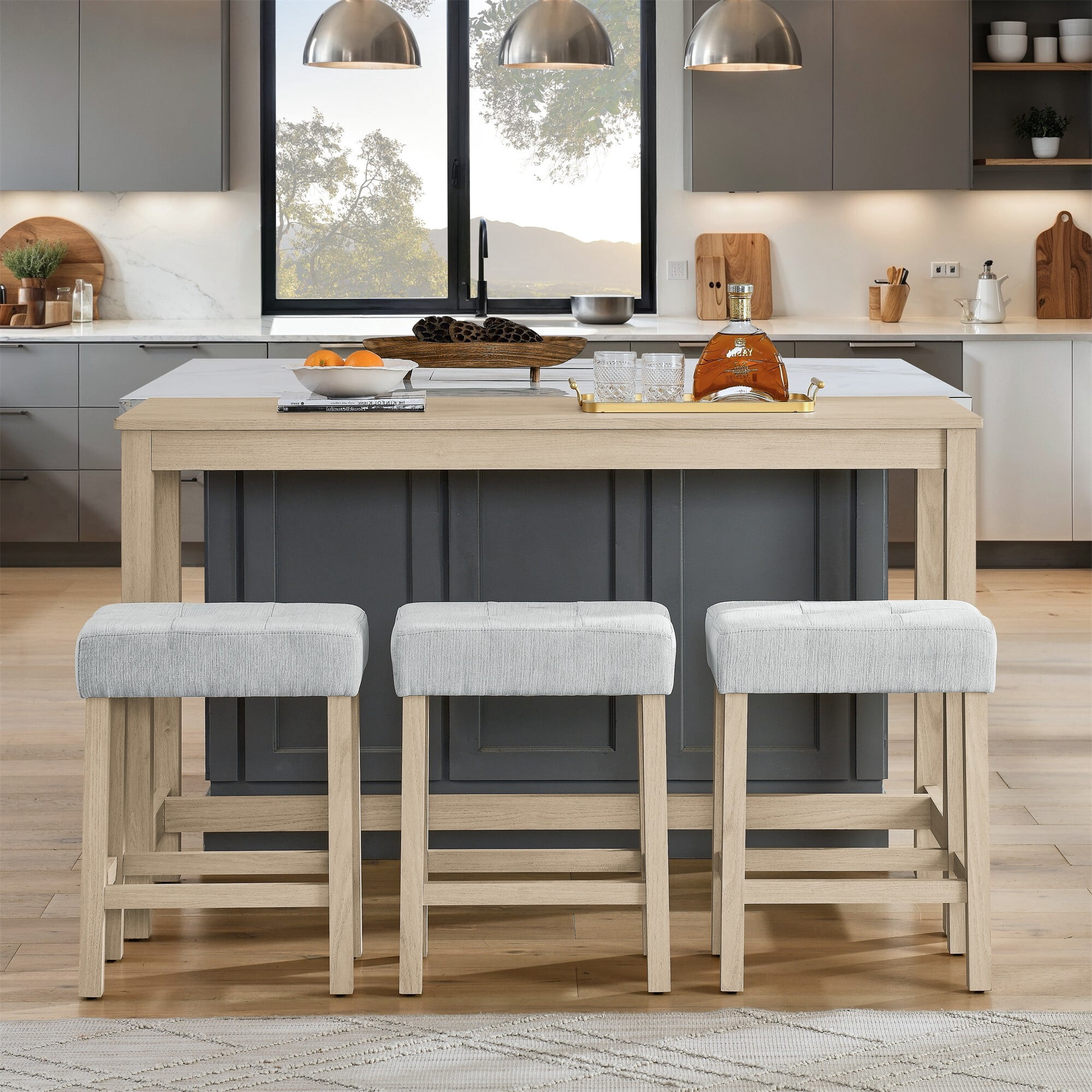 DEALTOPS 4-Piece Bar Table Set with Charging Station, 59" Counter Table with 3 Soft Stools for Small Space, Light Oak