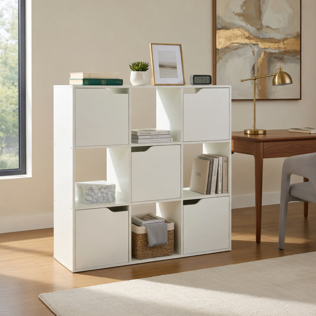 Topcobe Free Standing 9 Cube Storage Wood Divider Bookcase for Home and Office, Tall Bookshelf Modern Book Case for Books, CDs, Movies, White
