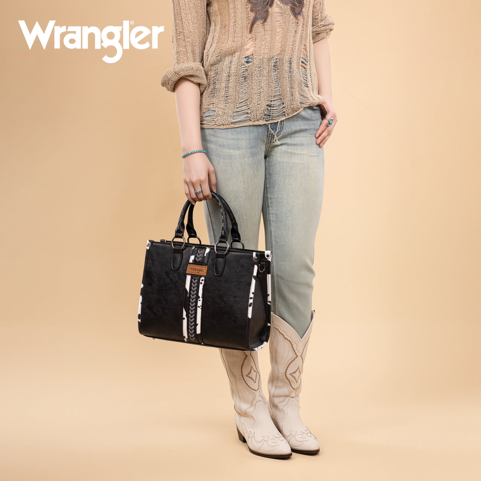 Wrangler Cow Print Tote Bag for Women Western Purse Boho Top Handle Satchel Handbag, Cow-Black
