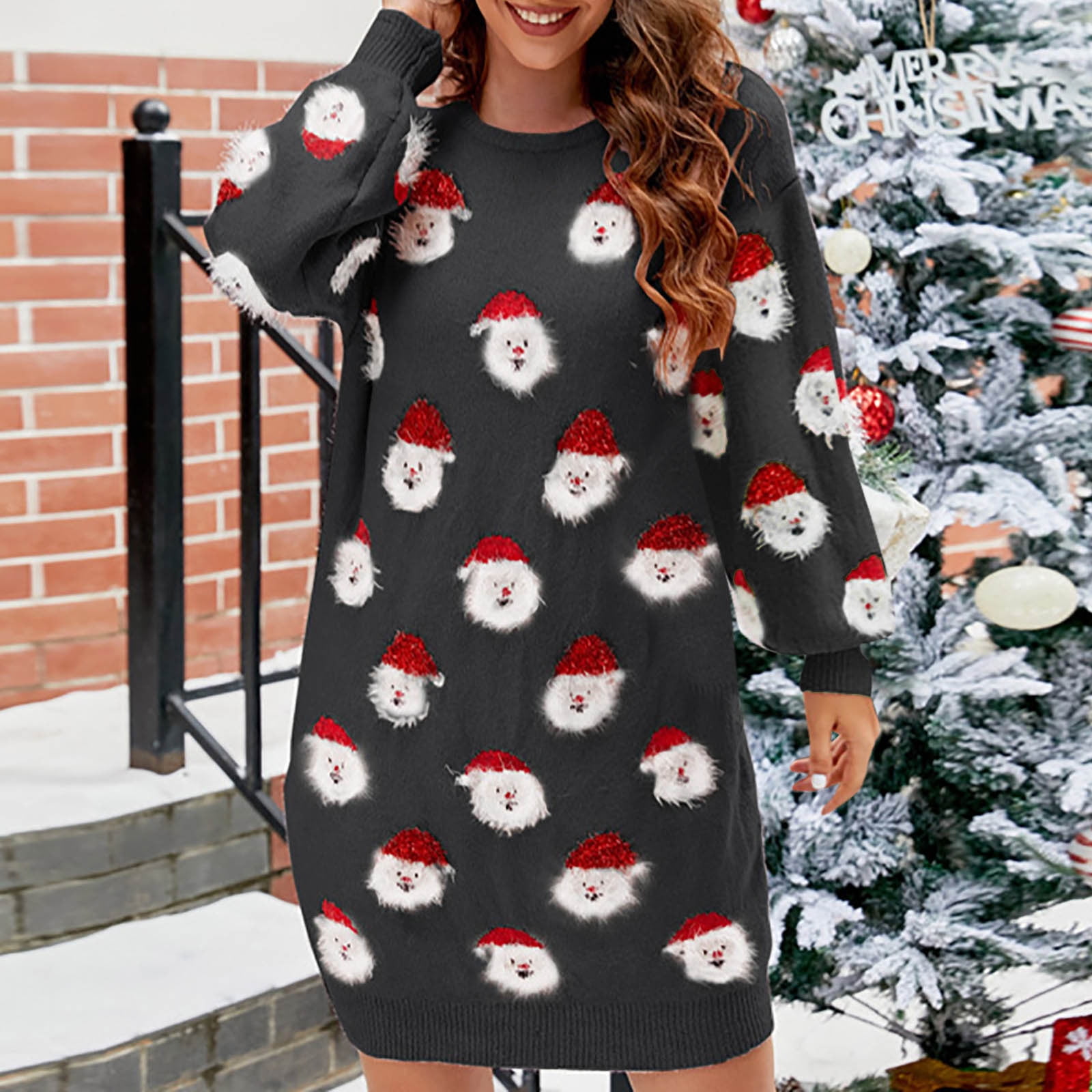 white christmas dresses Striped Natural/Black Sweater Dress
