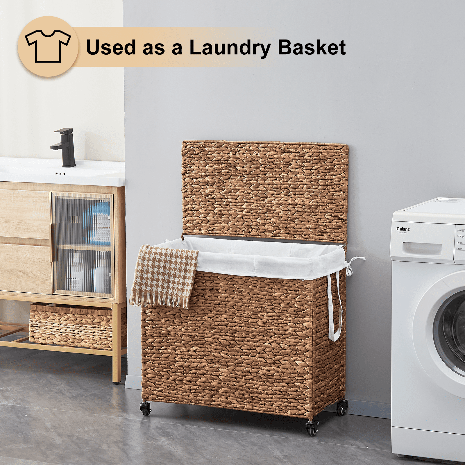 160L 3-Section Laundry Hamper with Lid and Wheels, Woven Natural Water Hyacinth