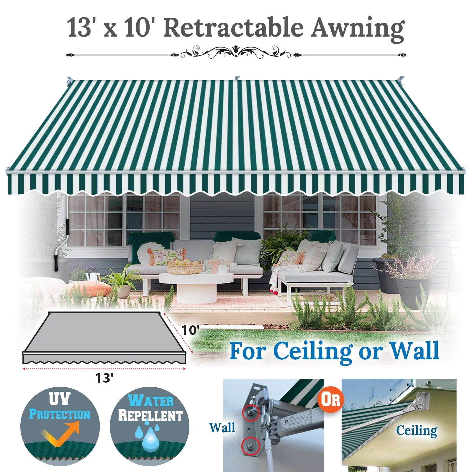 SUNRISEUMBRELLA Outdoor Patio Awning Retractable Awning Sun Shade Manual Patio Deck Awning (13'x10',Green with white)
