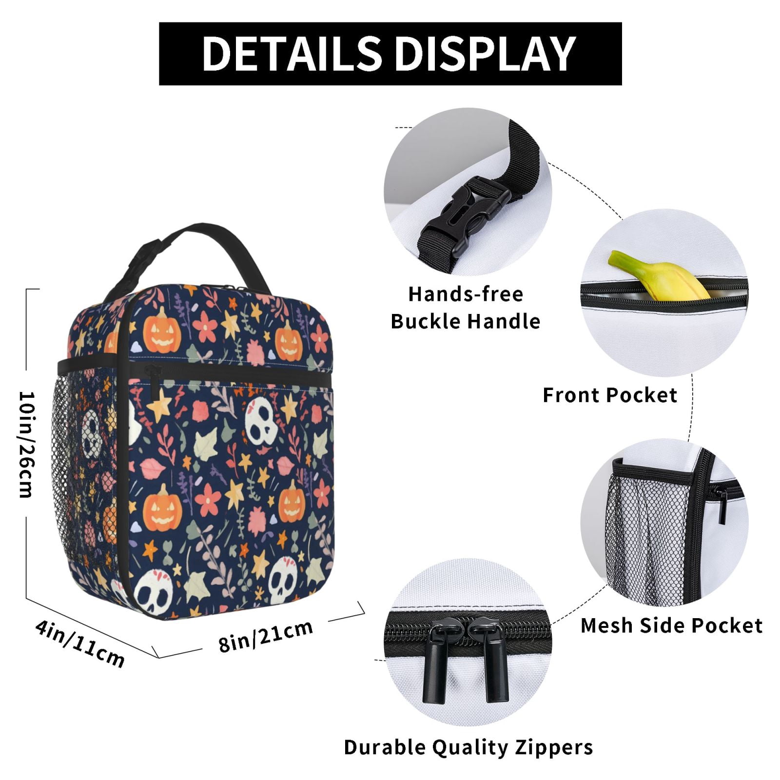 Lunch Bag For Women Men Insulated Portable Lunch Box Bento Box Office Picnic Travel Cooler Bag Skullhead Pumpkin Flower