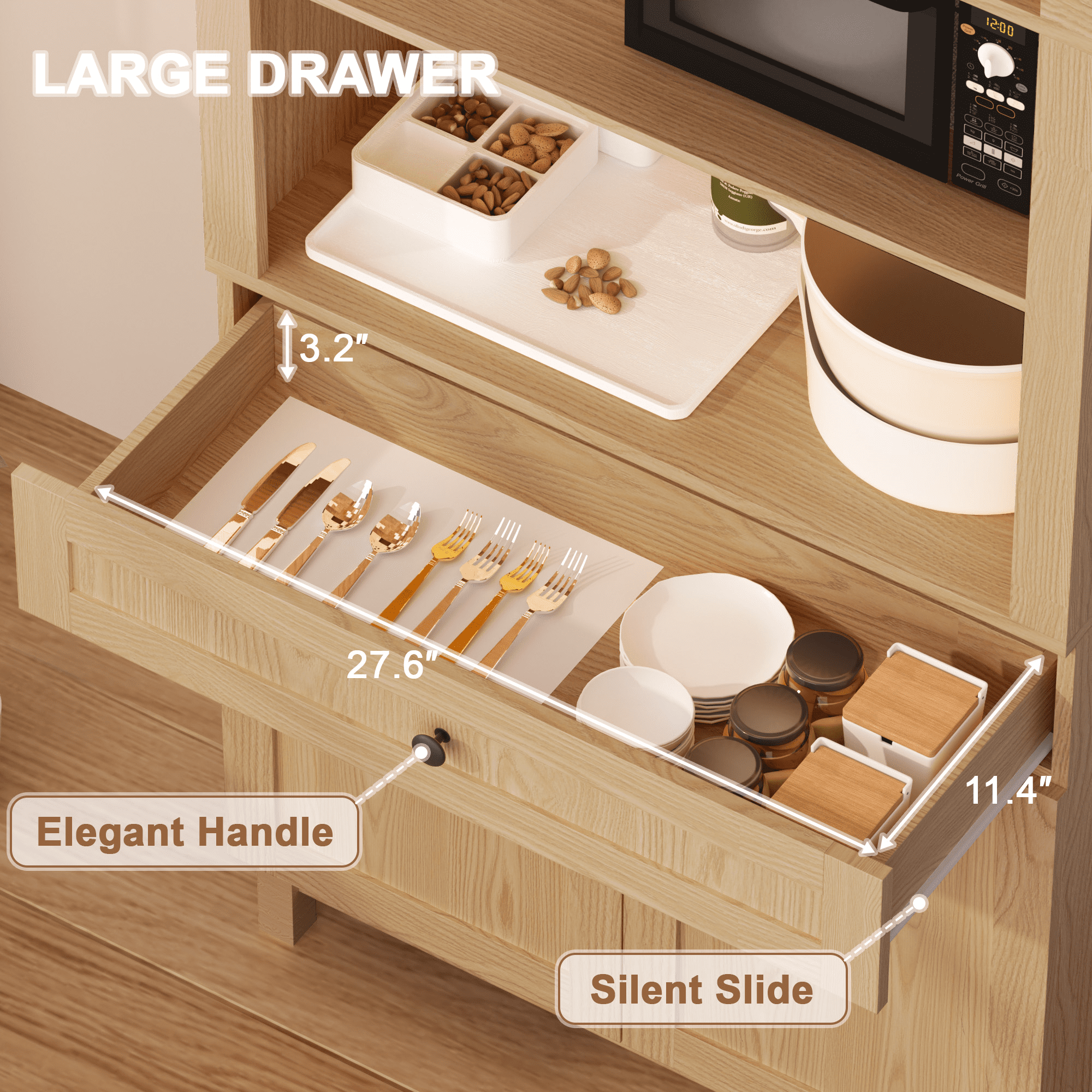 HARIPUL Arched Pantry Cabinet, 71" Kitchen Pantry Cabinet with Smooth Gliding Drawers and Adjustable Shelf, Wood Storage Cabinets Anti-Tipping, Modern Farmhouse for Living Room, Dining Room