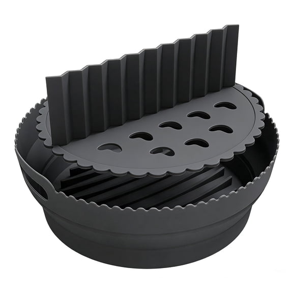 Air Fryer Liner Round Silicone Collapsible Pot With Divider Reusable Non-Stick Heat Resistant 446F Dishwasher Safe 8.6 Inch Black For 5-8 QT Air Fryers