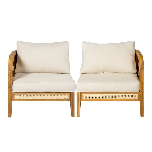 Christopher Knight Home Outdoor Arm Chairs, Left and Right, Wood Frame, Cane Accents and Cushions, Teak Beige
