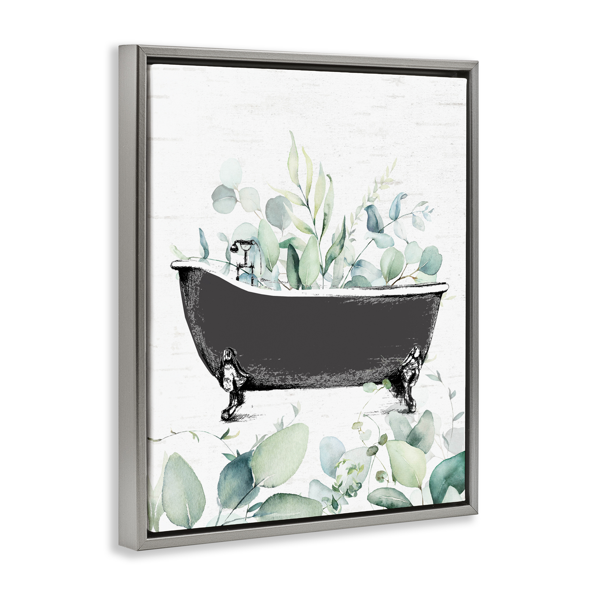 Eucalyptus Leaves Bathtub Gray Framed Floater Canvas Wall Art, design by Lettered and Lined