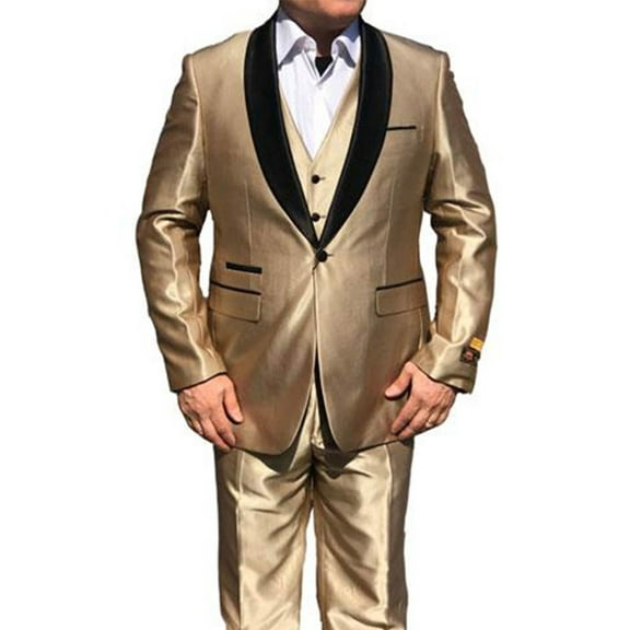 Mens Three Piece Dress Suits One Button Shawl Tuxedo Jacket Vest Pants | Royal Navy Gold