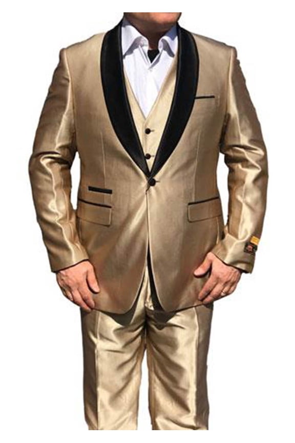 Mens Three Piece Dress Suits One Button Shawl Tuxedo Jacket Vest Pants | Royal Navy Gold